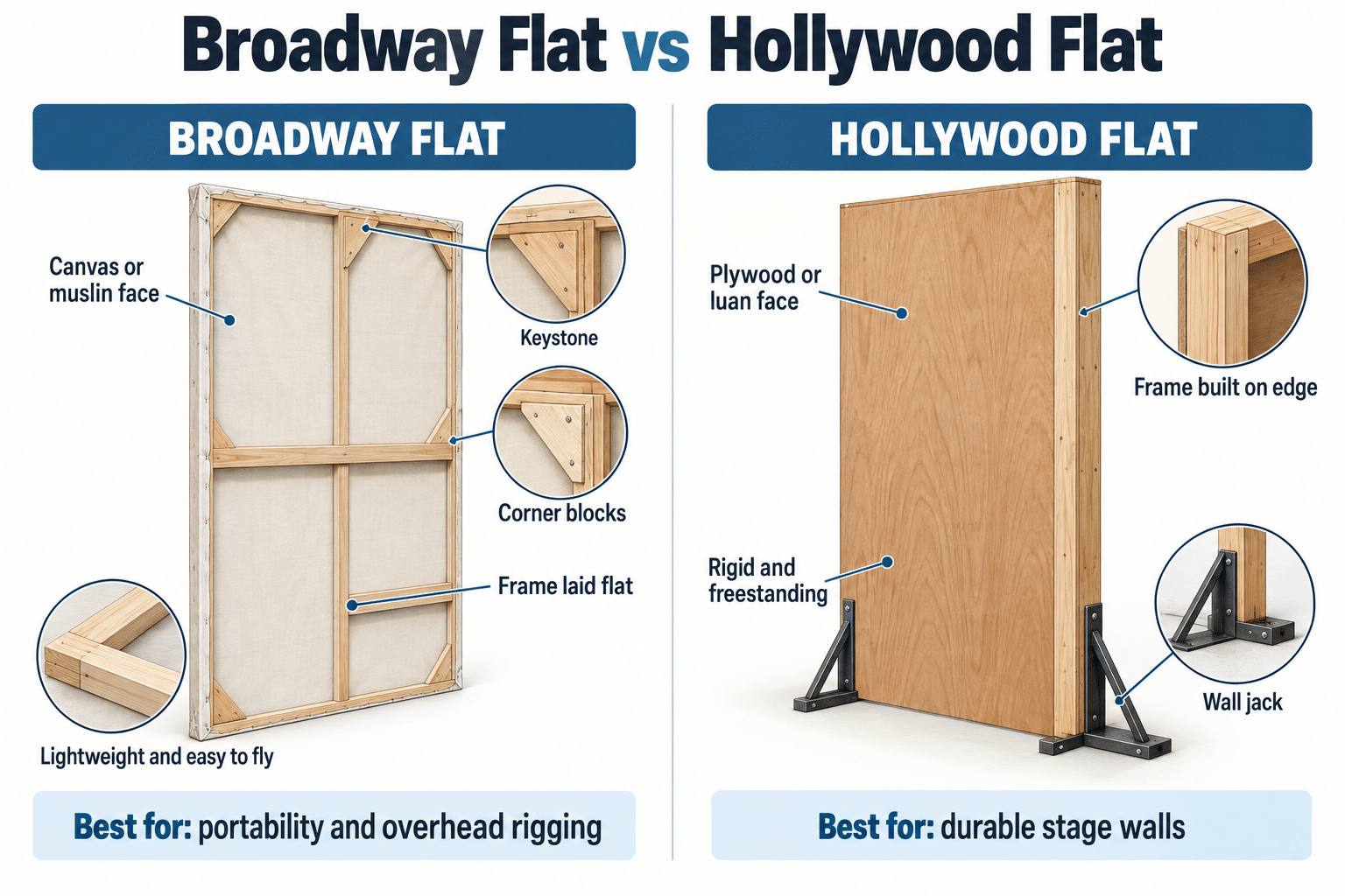 Side-by-side diagram comparing Broadway flat and Hollywood flat construction